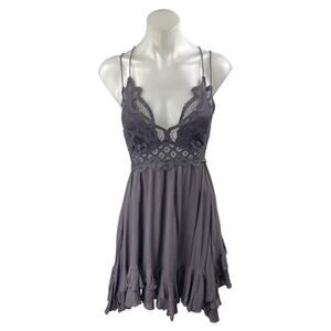 Free People Adela Charcoal Gray Sleeveless Lace Mini Fit & Flare Slip Dress Sz S